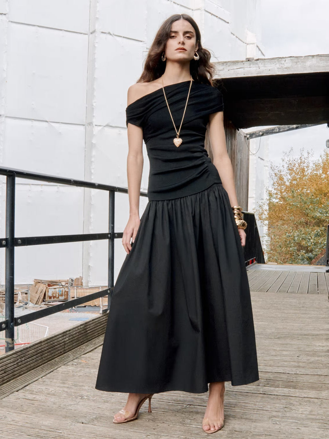 Black cotton draped knit midi dress