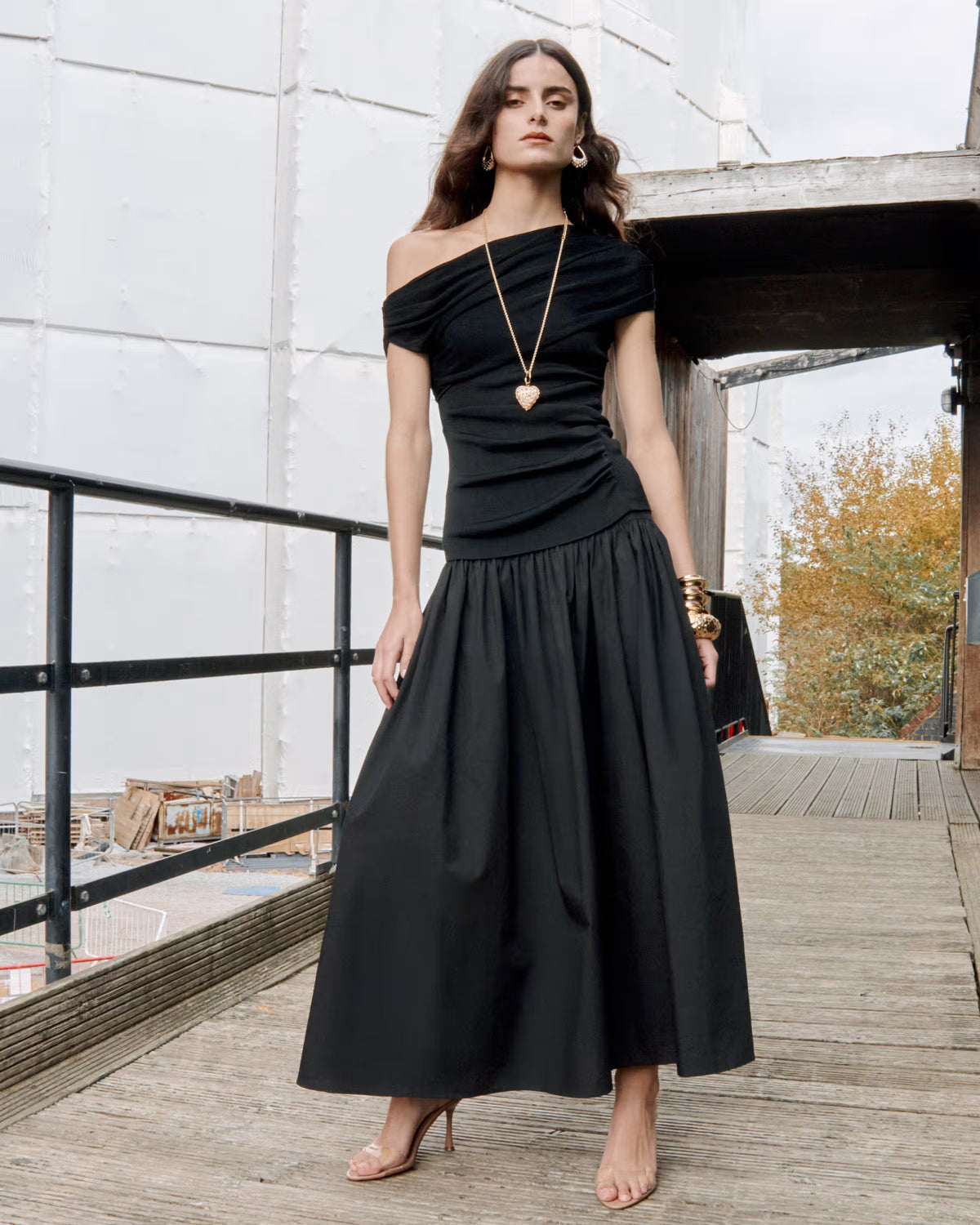 BLACK COTTON DRAPED KNIT MIDI DRESS