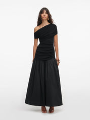 Black cotton draped knit midi dress