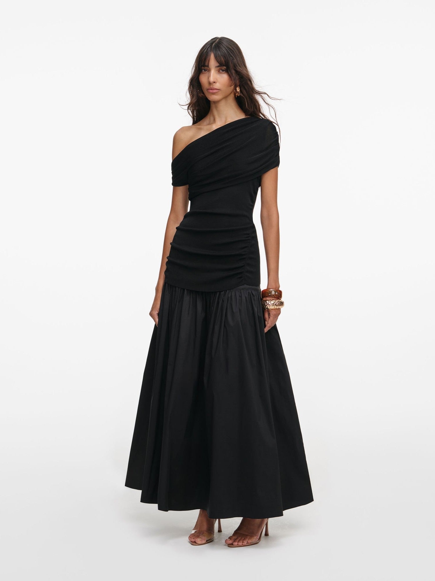 Black cotton draped knit midi dress