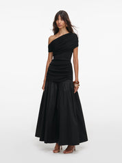 Black cotton draped knit midi dress
