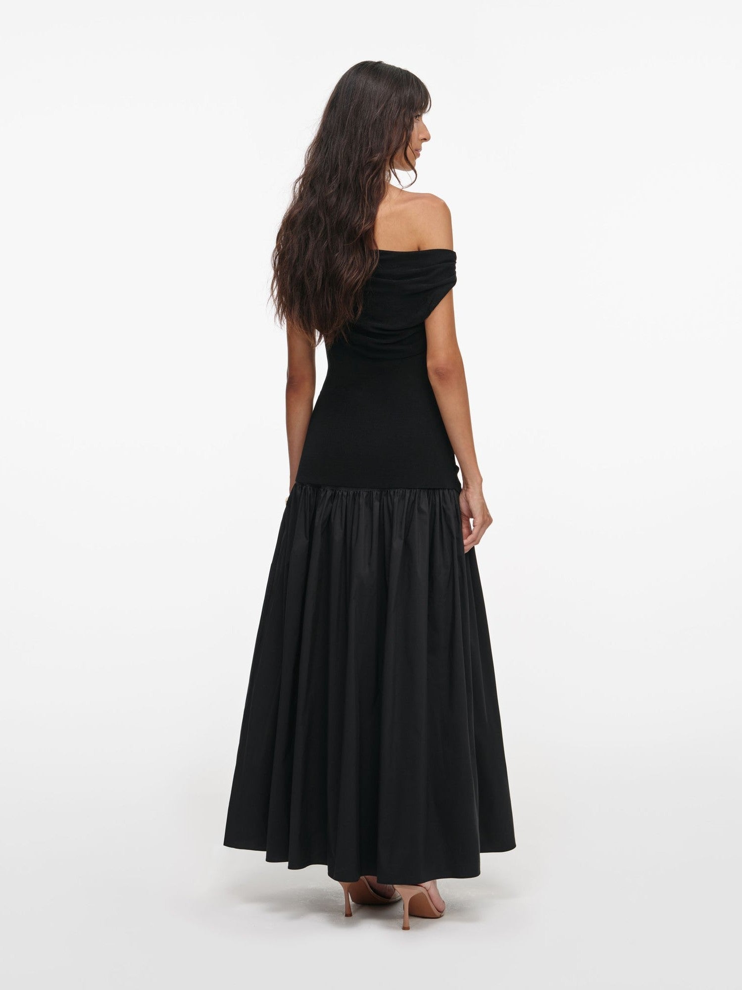 Black cotton draped knit midi dress