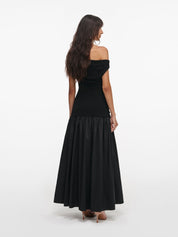Black cotton draped knit midi dress