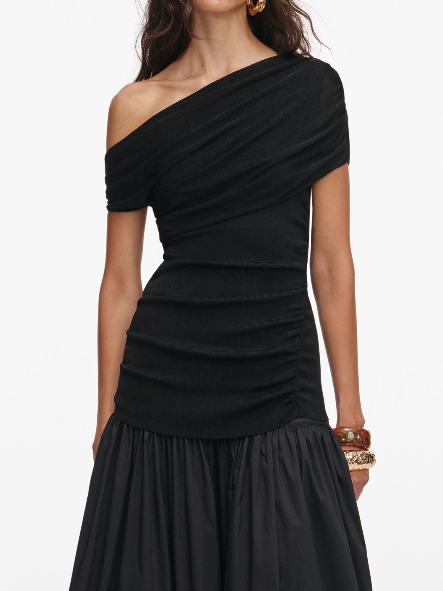 Black cotton draped knit midi dress