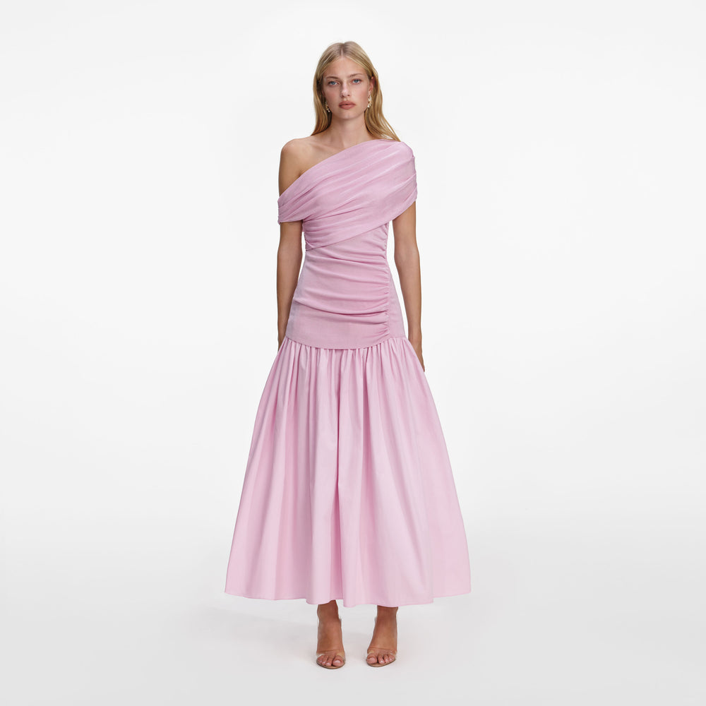 Pink cotton draped knit midi dress