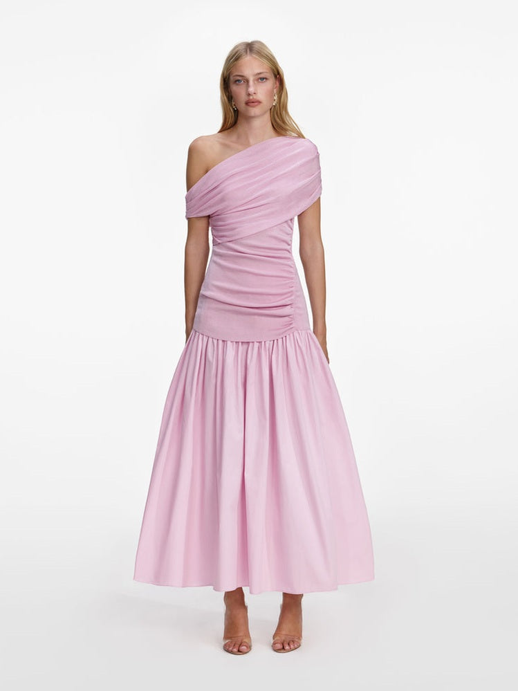Pink cotton draped knit midi dress