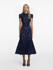 Navy guipure lace midi dress