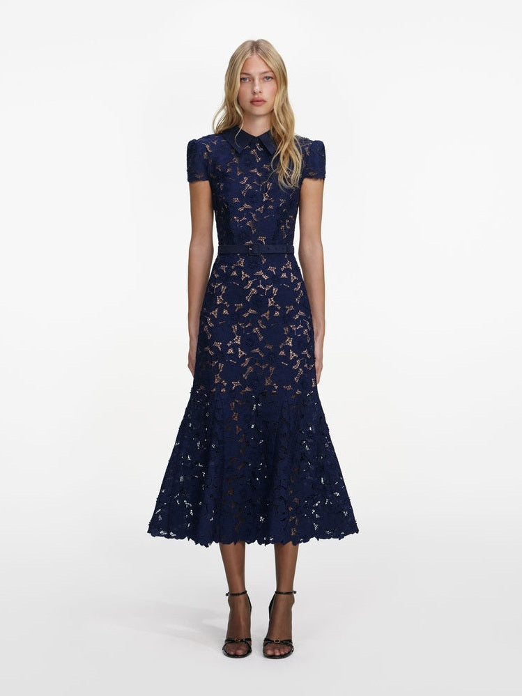 Navy guipure lace midi dress
