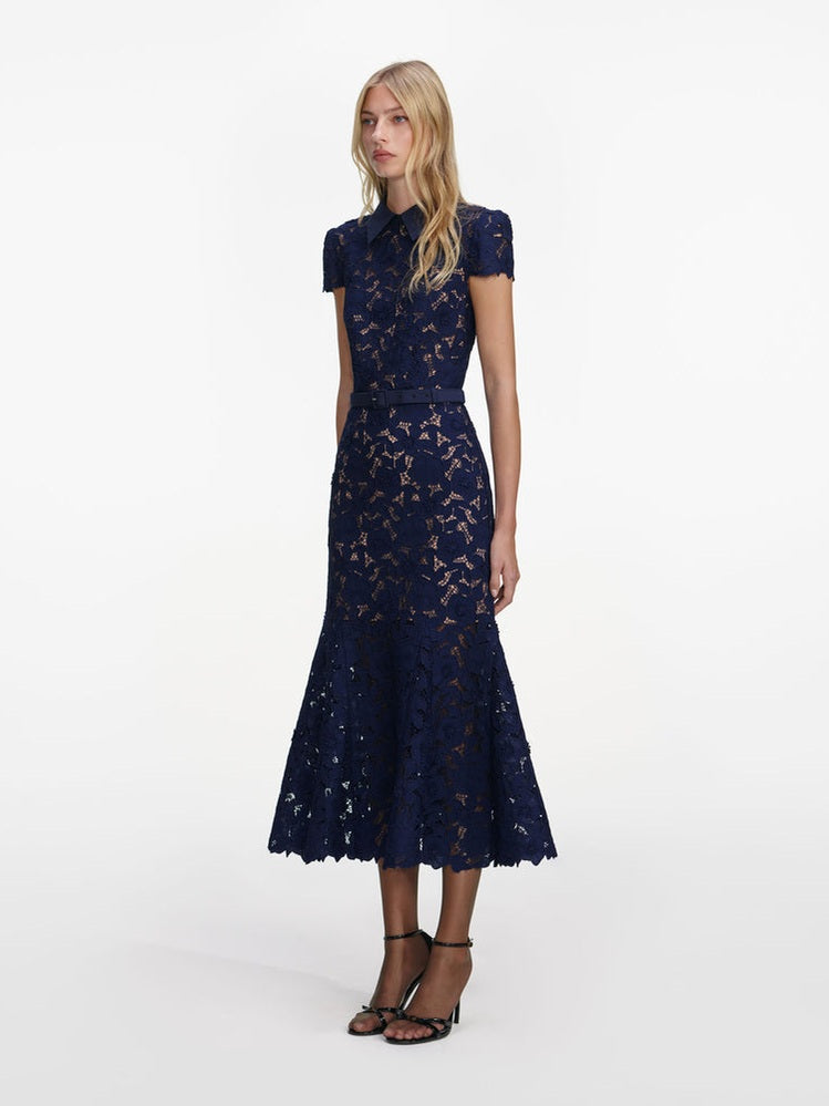 Navy guipure lace midi dress
