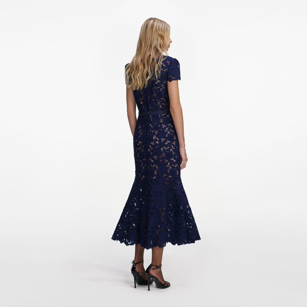 NAVY GUIPURE LACE MIDI DRESS
