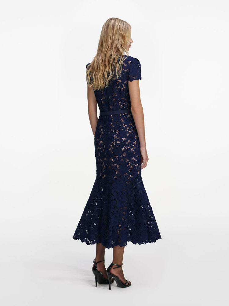 Navy guipure lace midi dress