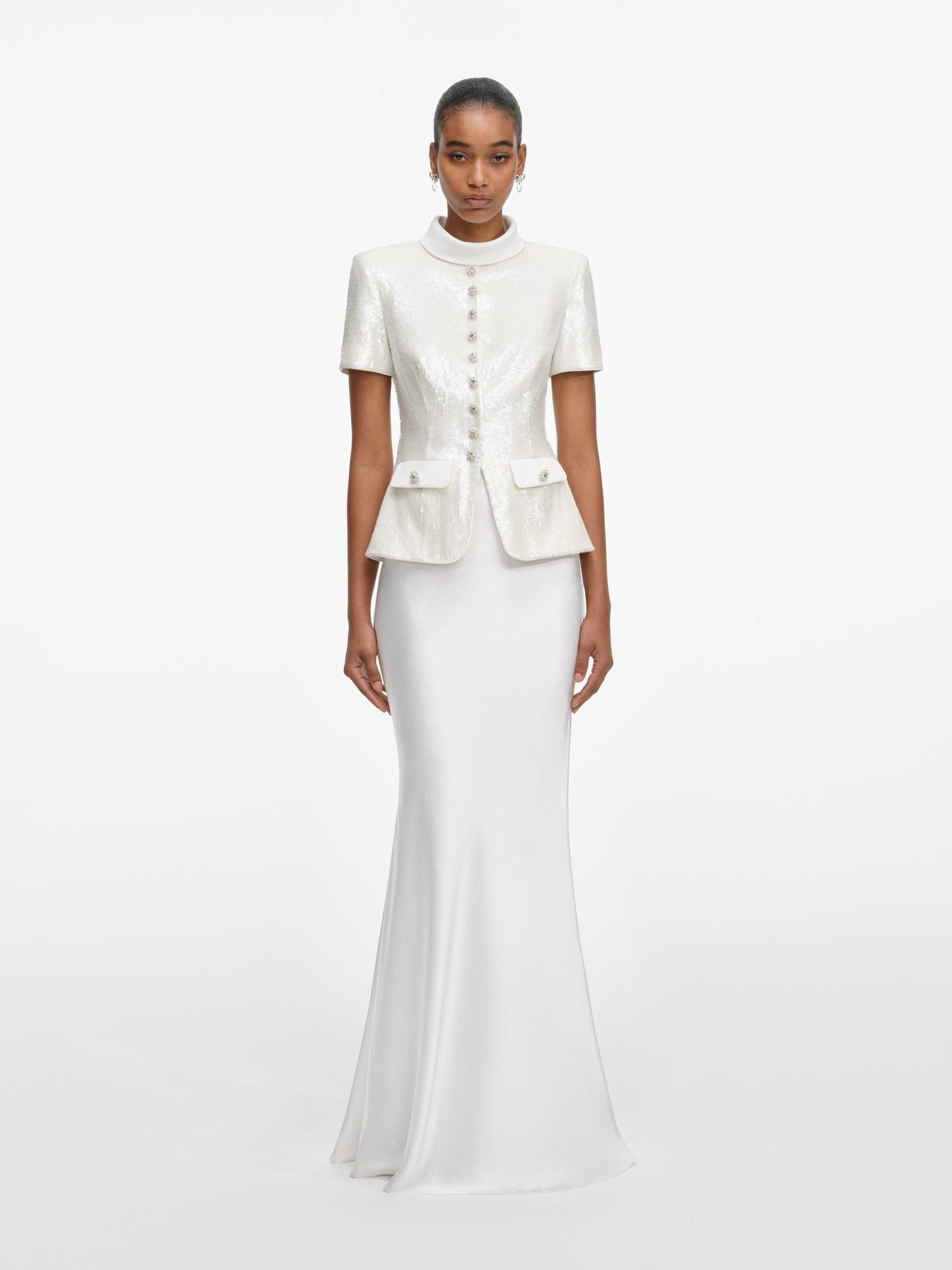 White sequin tailored maxi dress