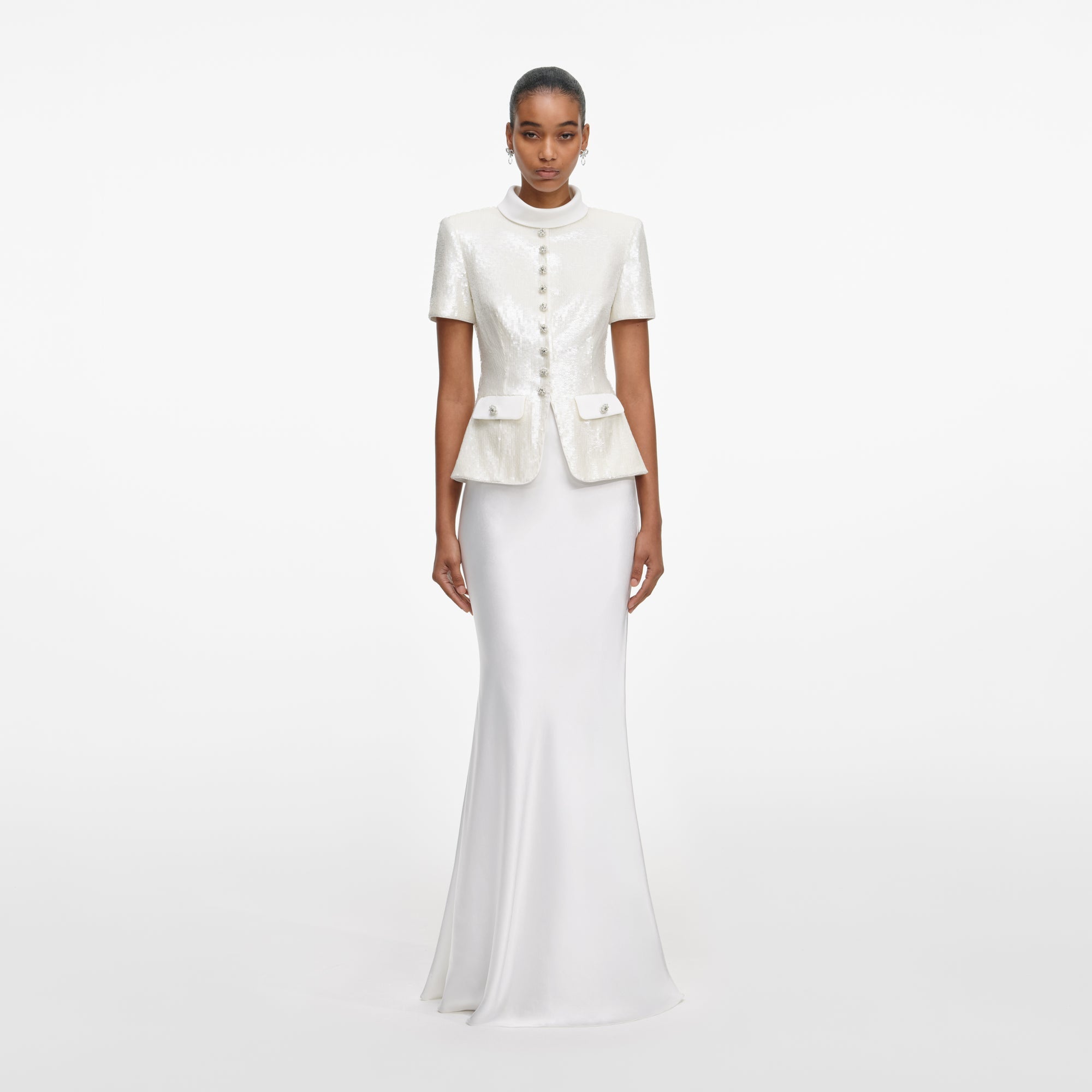 WHITE SEQUIN TAILORED MAXI DRESS