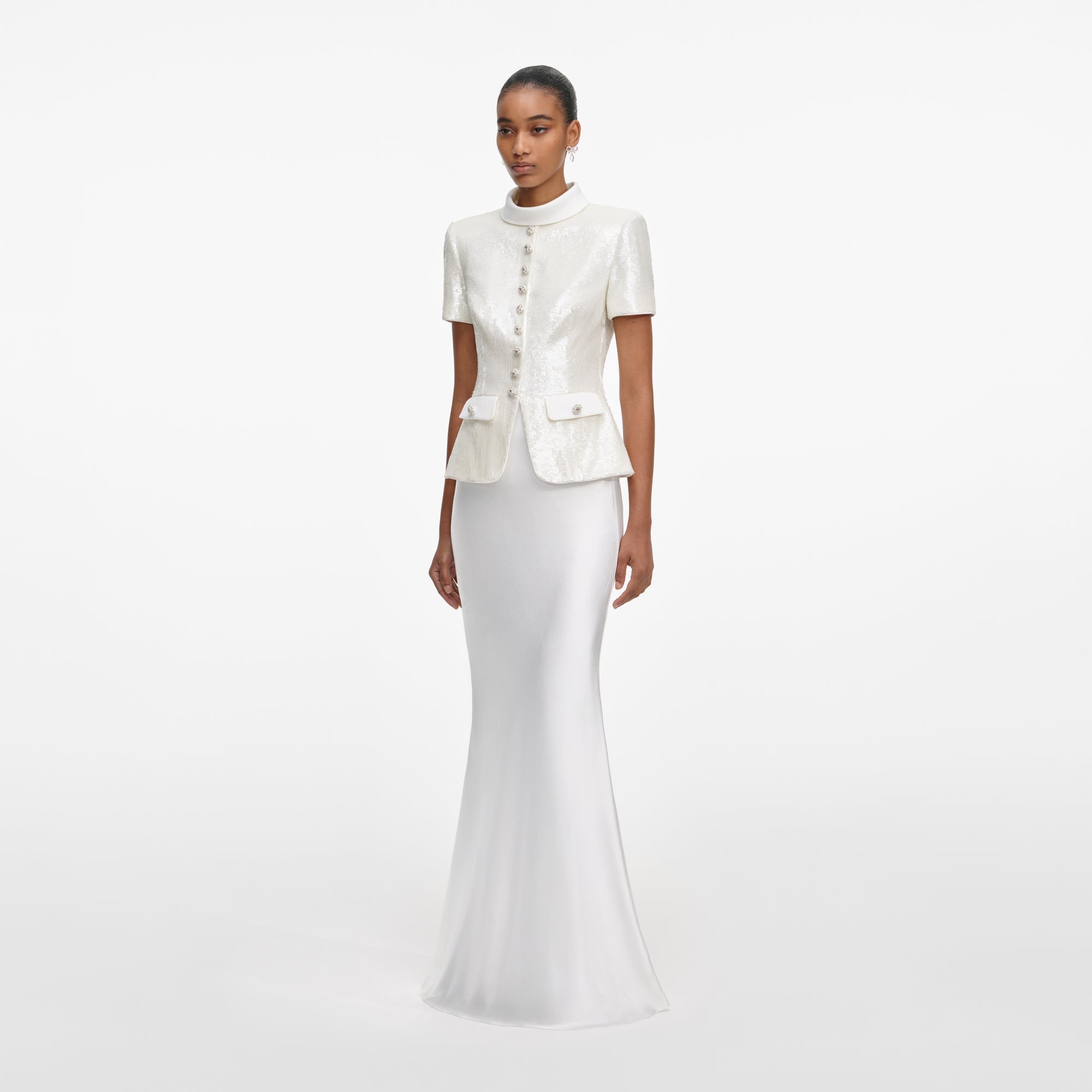 WHITE SEQUIN TAILORED MAXI DRESS