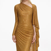 GOLD RHINESTONE DRAPE MAXI DRESS