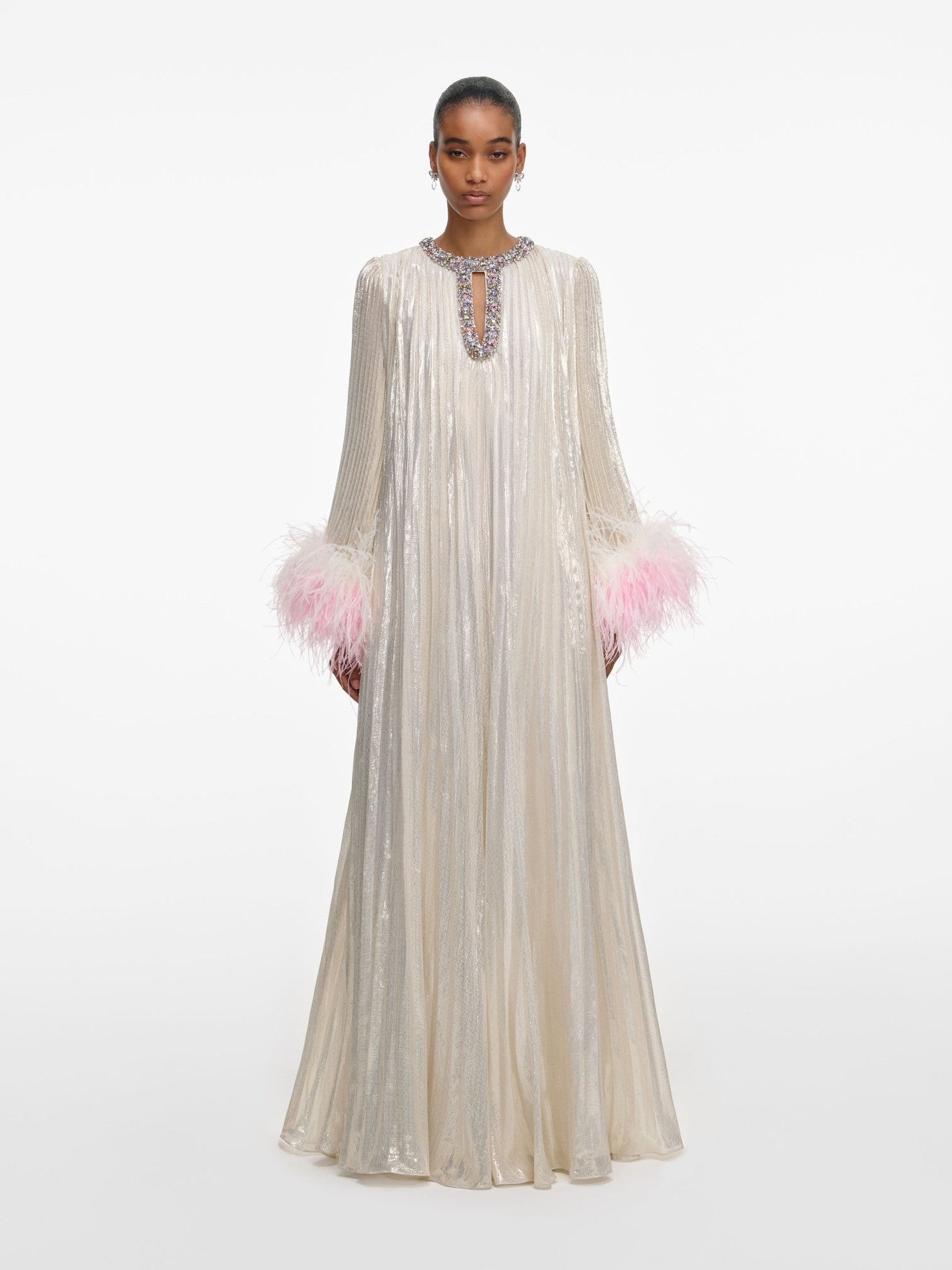 Champagne metallic ombré feather maxi dress