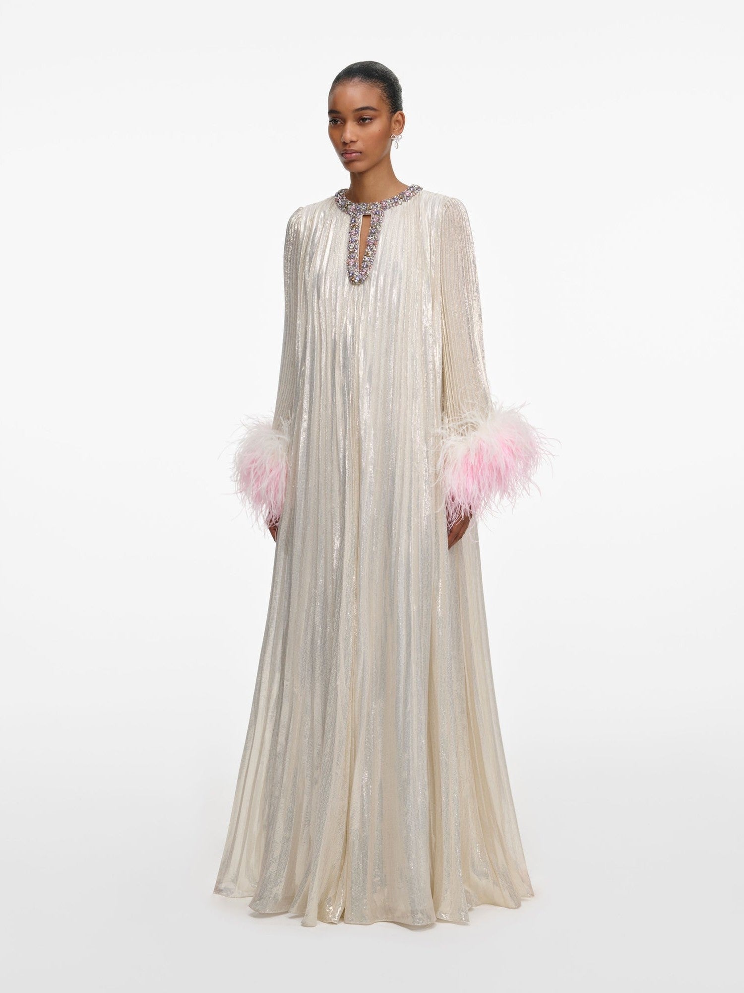 Champagne metallic ombré feather maxi dress