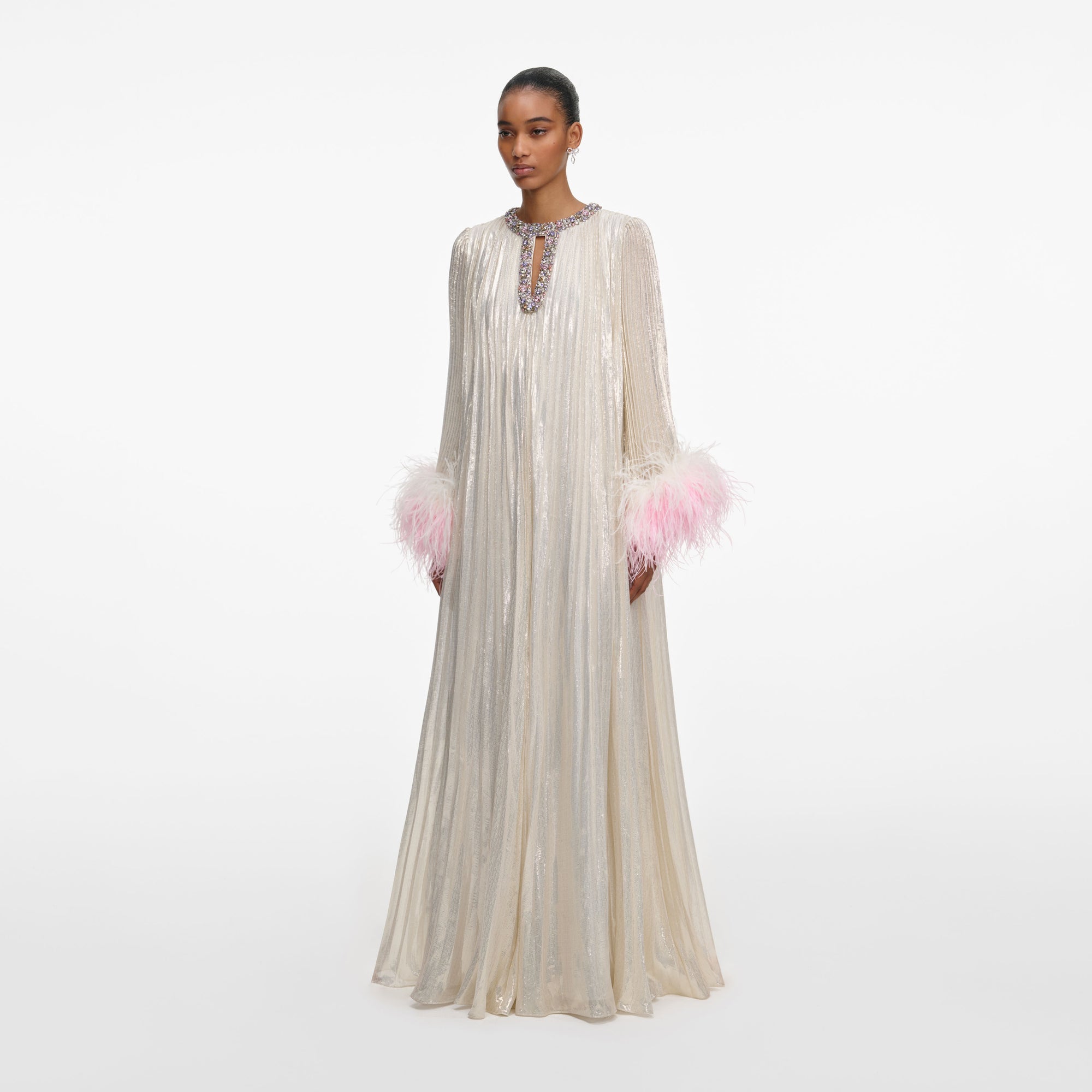 CHAMPAGNE METALLIC OMBRÉ FEATHER MAXI DRESS