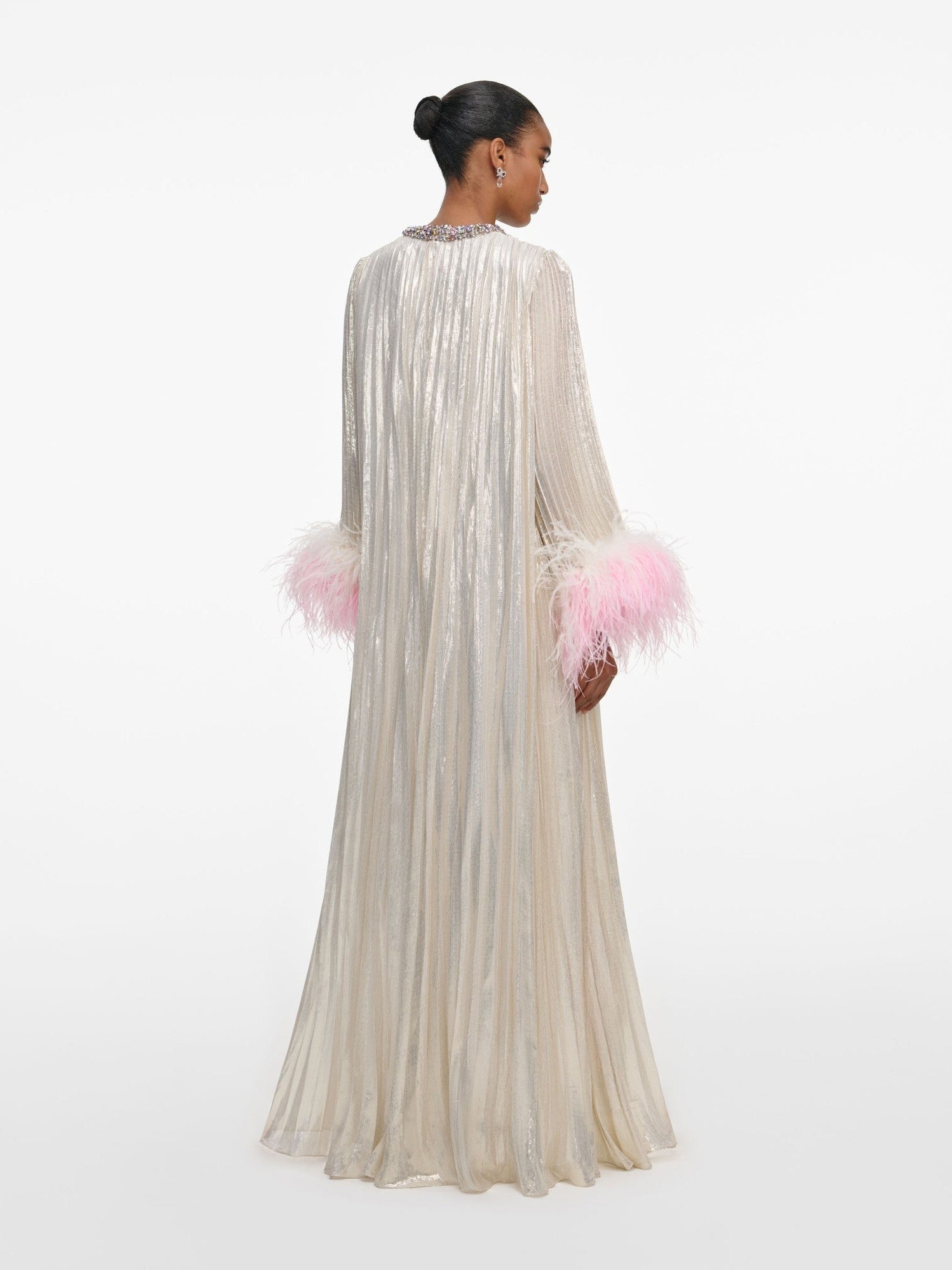 Champagne metallic ombré feather maxi dress