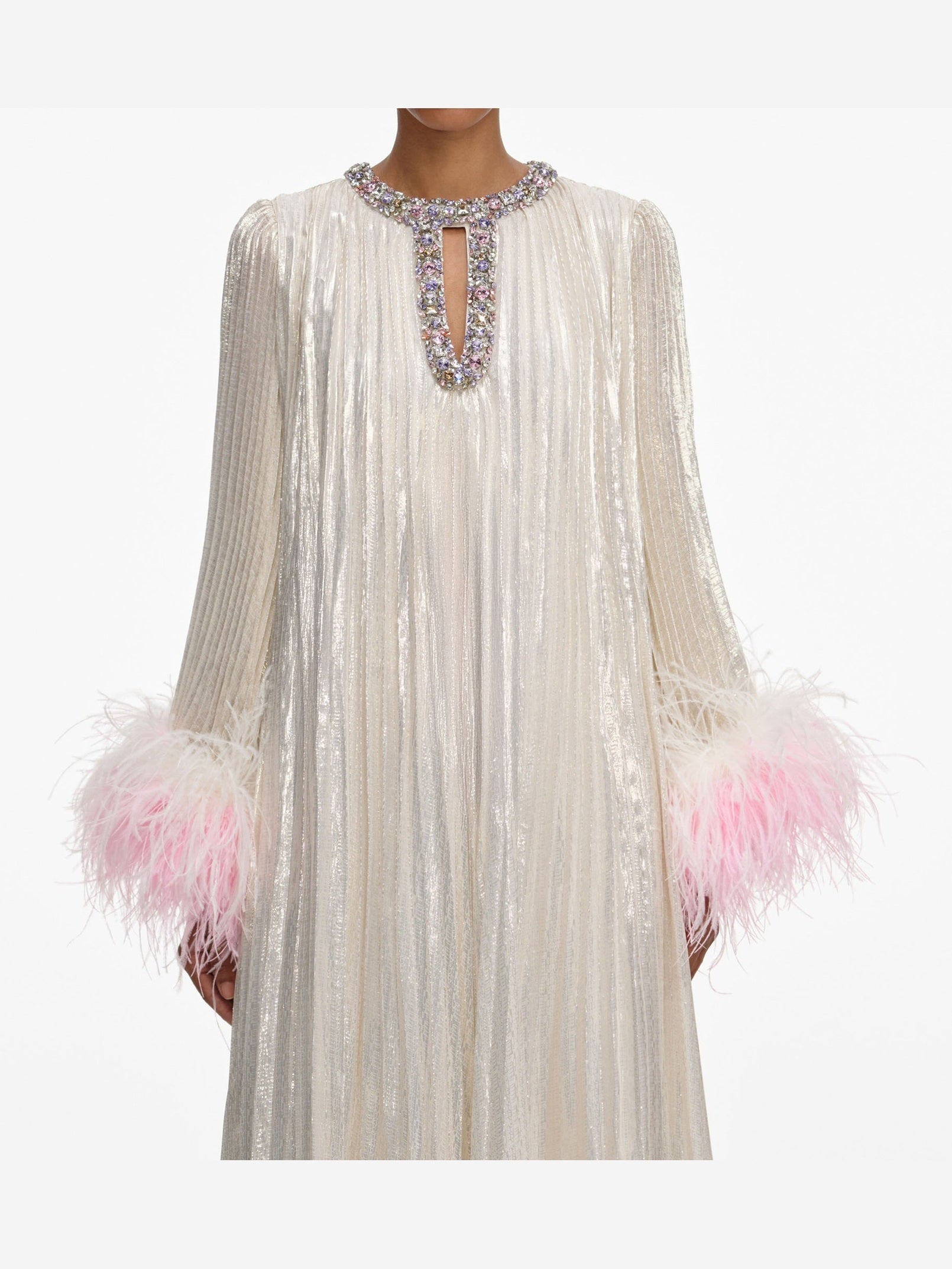 Champagne metallic ombré feather maxi dress