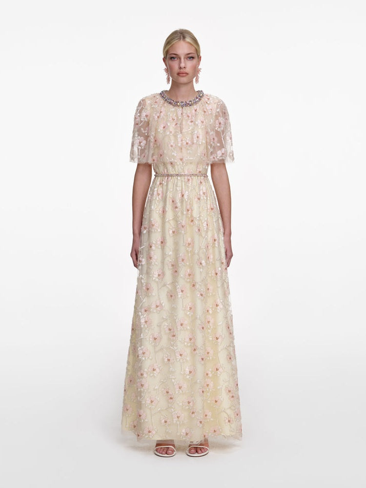 Champagne floral embellished maxi dress