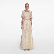 CHAMPAGNE FLORAL EMBELLISHED MAXI DRESS