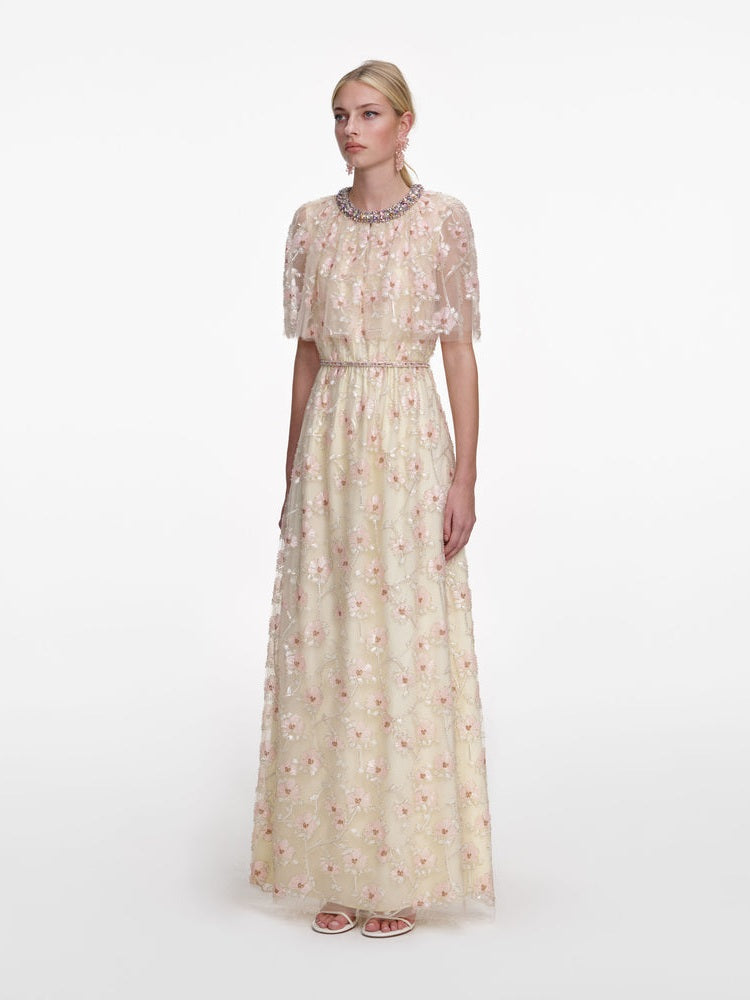 Champagne floral embellished maxi dress