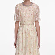 CHAMPAGNE FLORAL EMBELLISHED MAXI DRESS