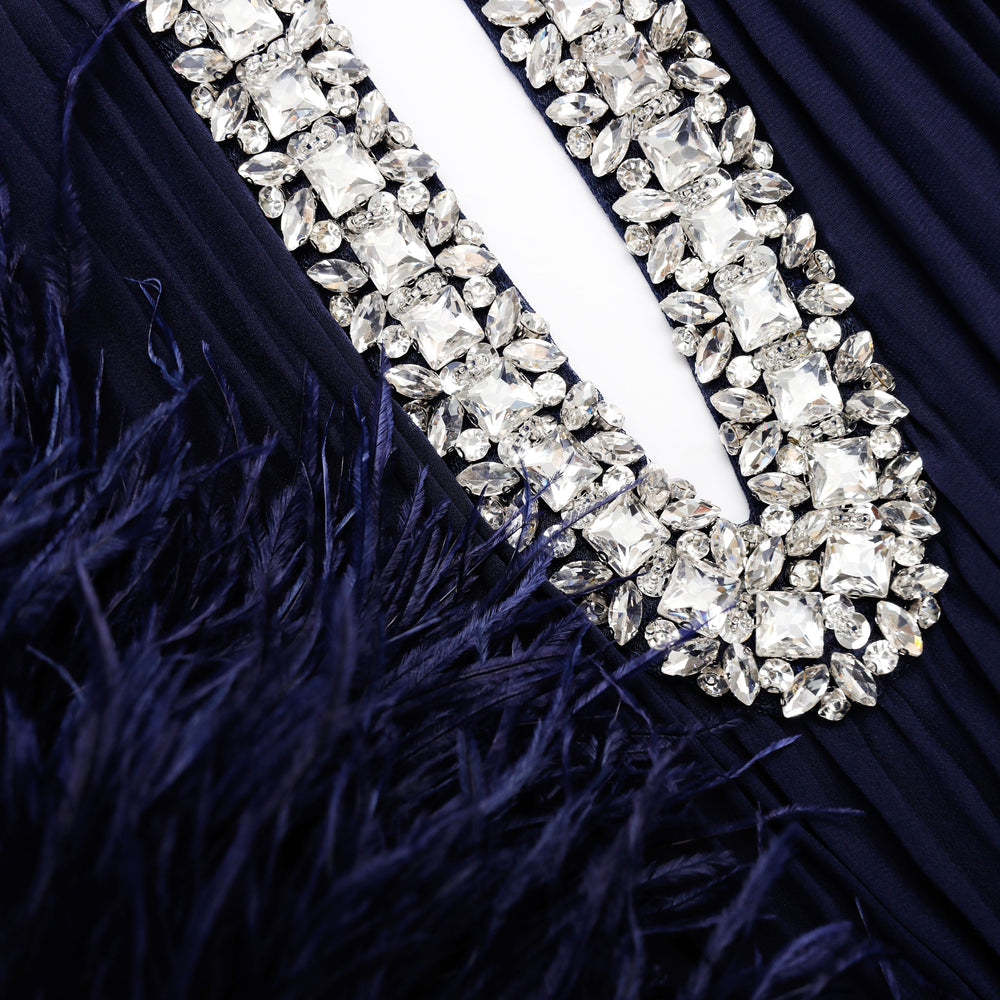 NAVY CHIFFON FEATHER MIDI DRESS