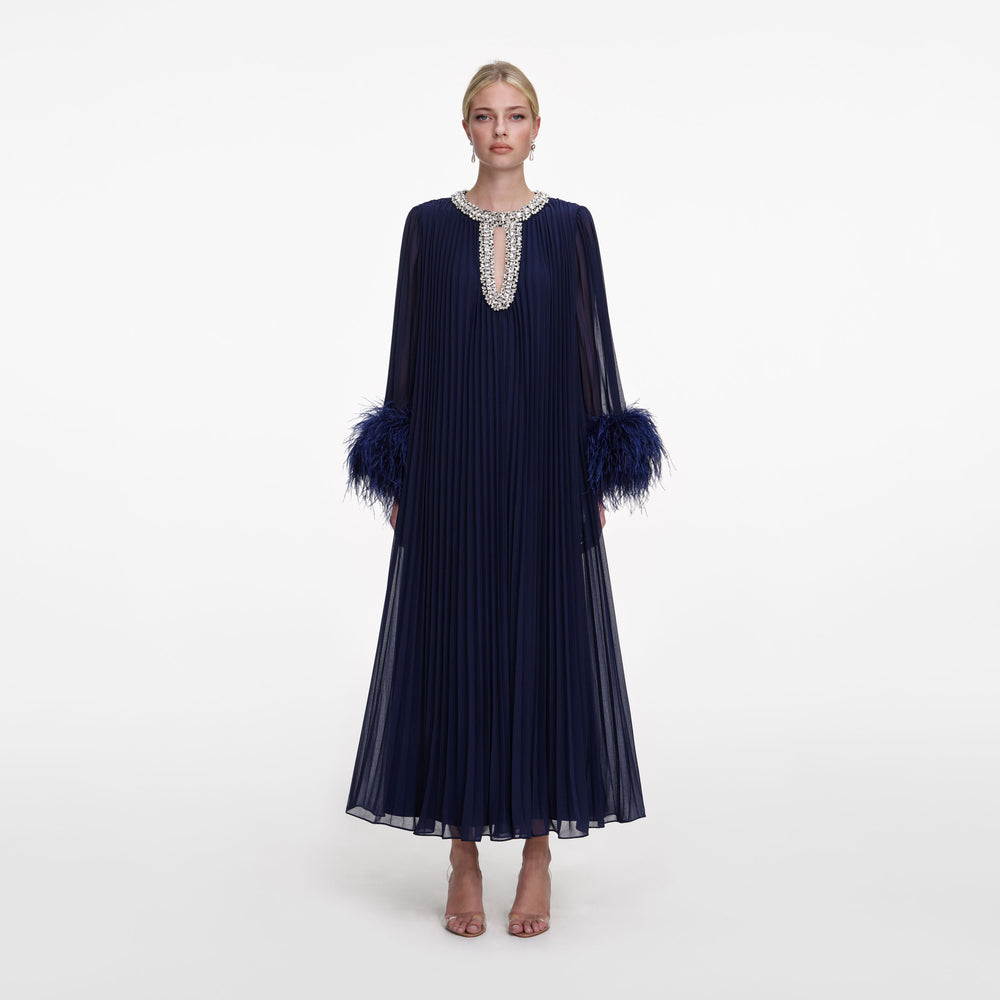 NAVY CHIFFON FEATHER MIDI DRESS