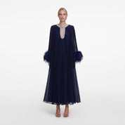 NAVY CHIFFON FEATHER MIDI DRESS