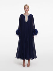Navy chiffon feather midi dress
