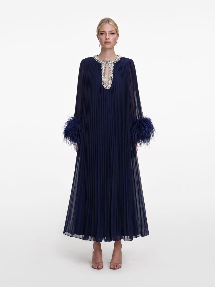 Navy chiffon feather midi dress
