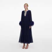 NAVY CHIFFON FEATHER MIDI DRESS