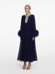 Navy chiffon feather midi dress