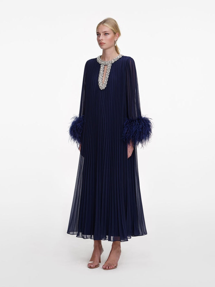 Navy chiffon feather midi dress