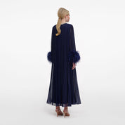 NAVY CHIFFON FEATHER MIDI DRESS