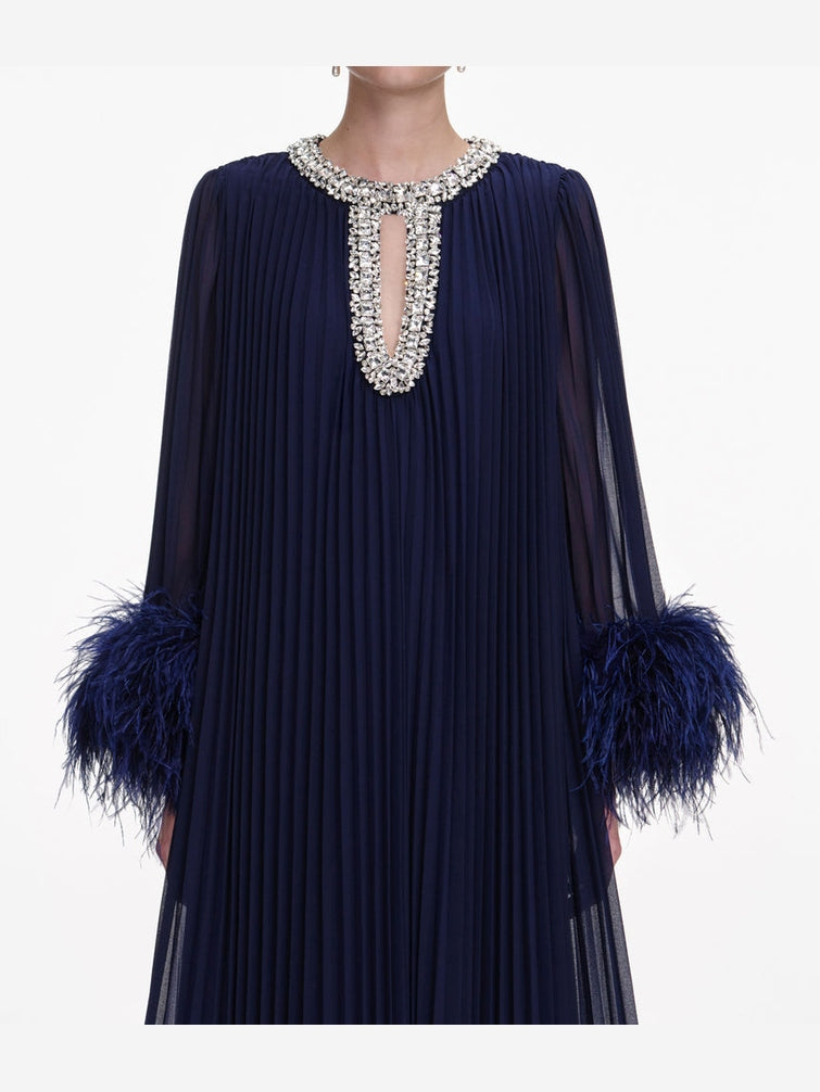 Navy chiffon feather midi dress