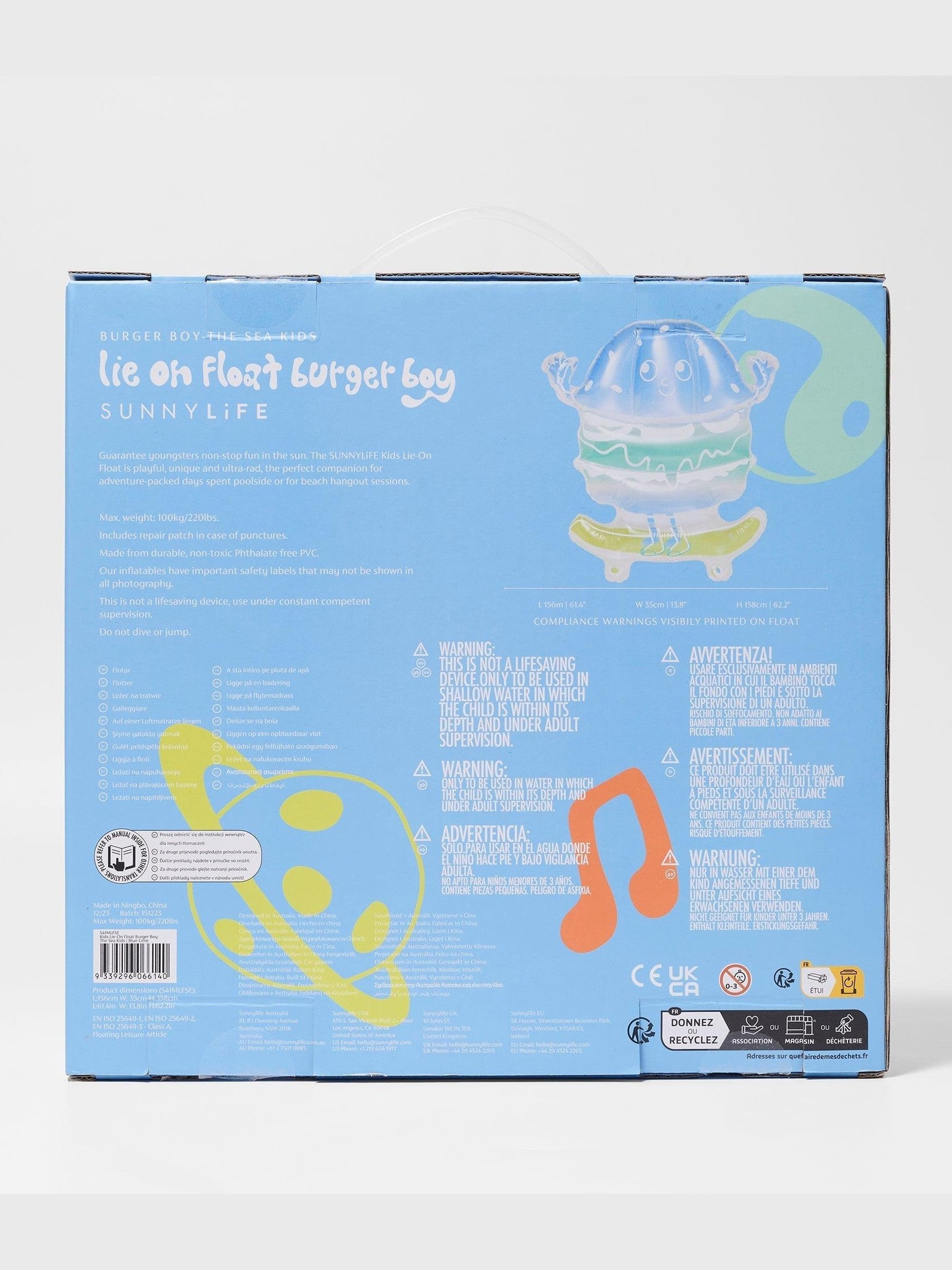 Kids lie-on float burger boy