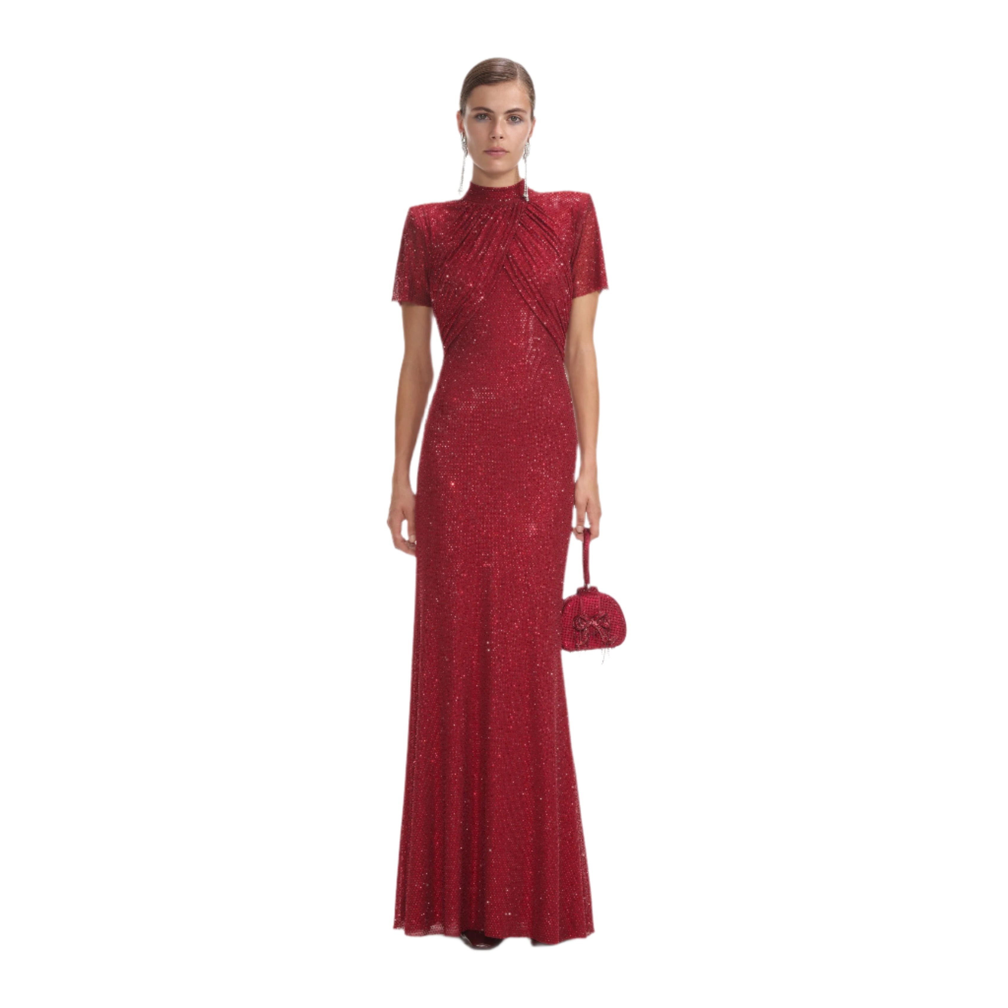 Red Rhinestone Mesh Maxi Dress