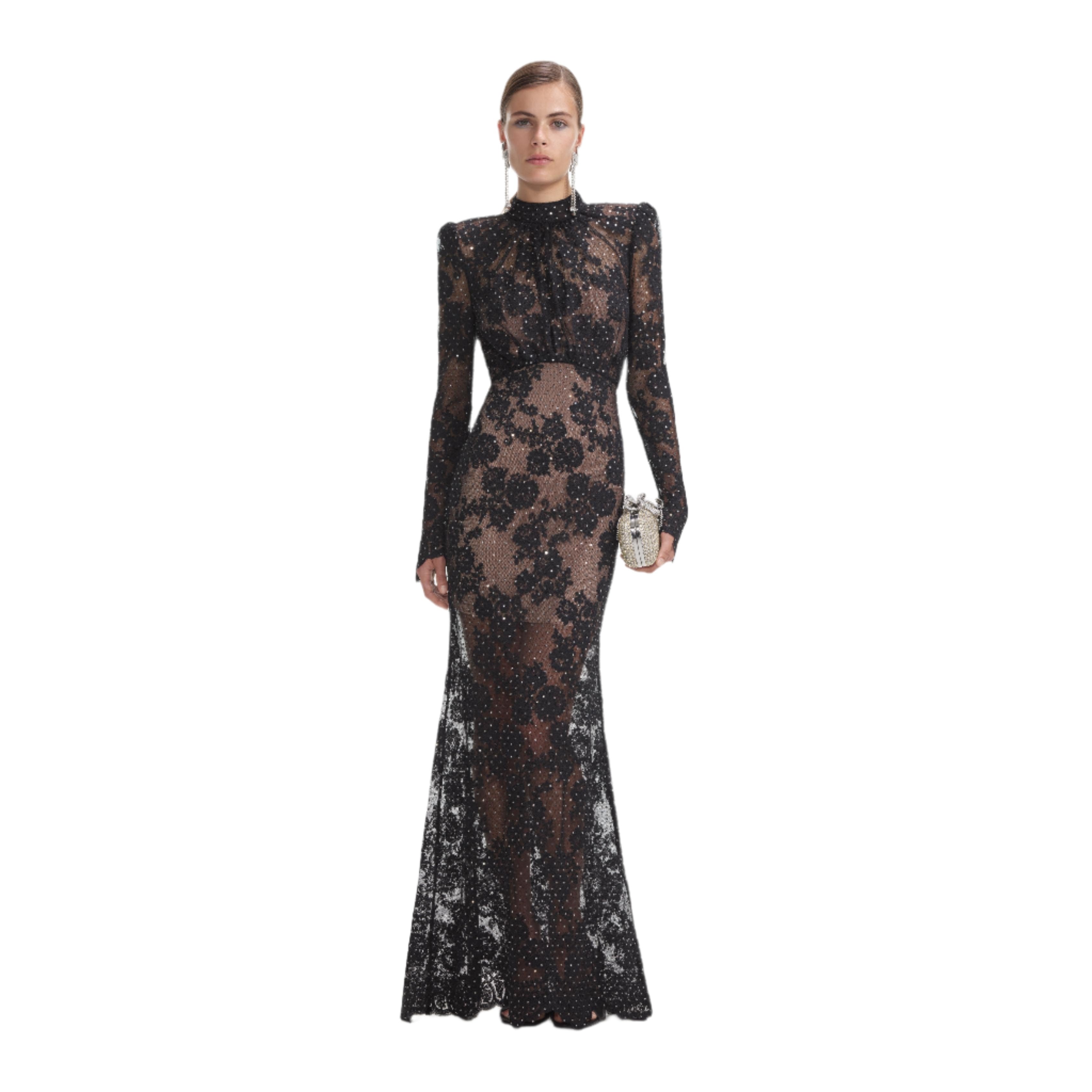 Black Rhinestone Lace Maxi Dress