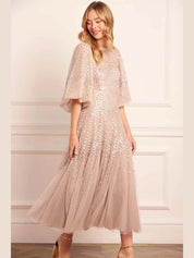 Scallop sequin round neck ankle gown