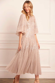 SCALLOP SEQUIN ROUND NECK ANKLE GOWN