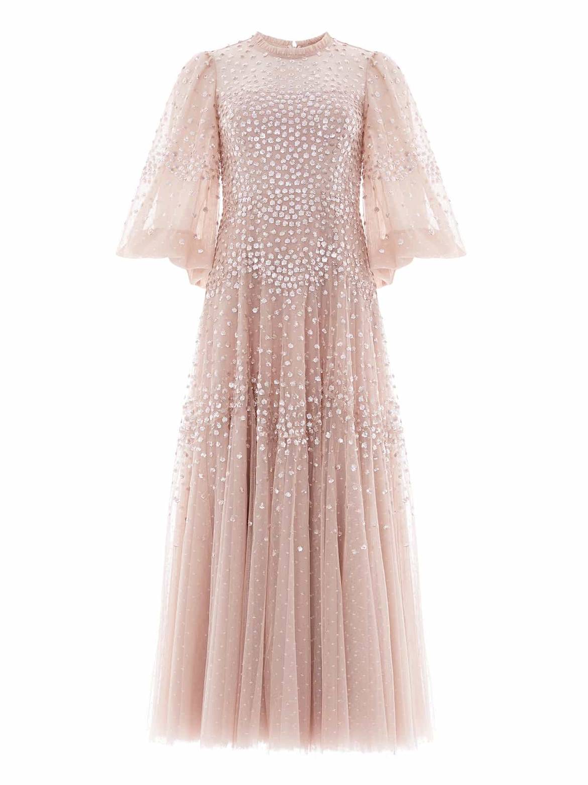 Scallop sequin round neck ankle gown