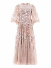 Scallop sequin round neck ankle gown