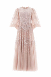 SCALLOP SEQUIN ROUND NECK ANKLE GOWN