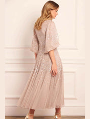 Scallop sequin round neck ankle gown