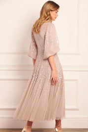 SCALLOP SEQUIN ROUND NECK ANKLE GOWN