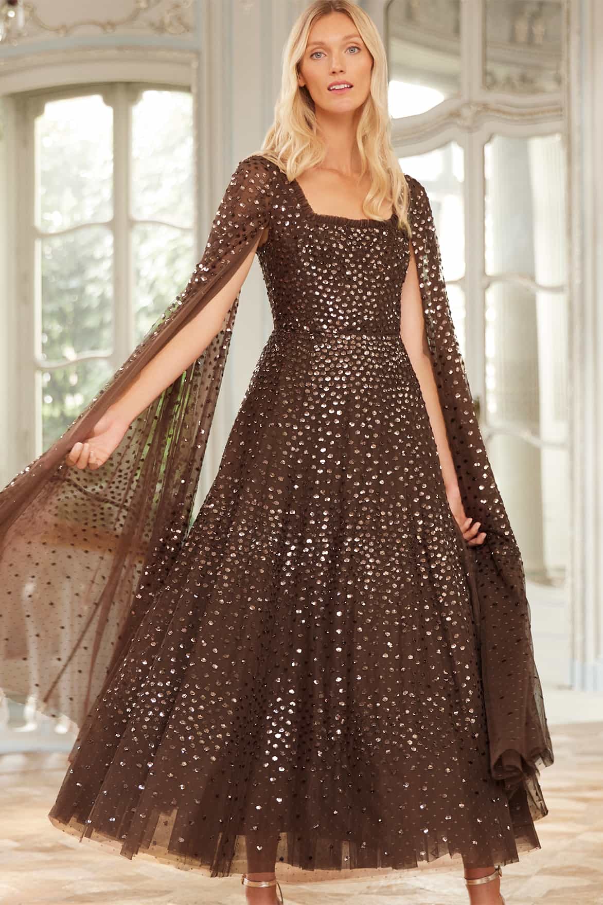 Scatter Dot Cape Sleeve Ankle Gown