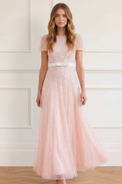 Sequin cascade bow short sleeve gown